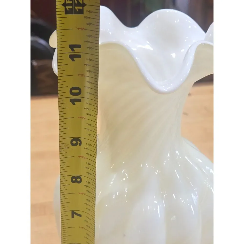 Vintage Fenton Yellow White Spiral Swirl Glass Ruffled Vase 11 Inch MCM
